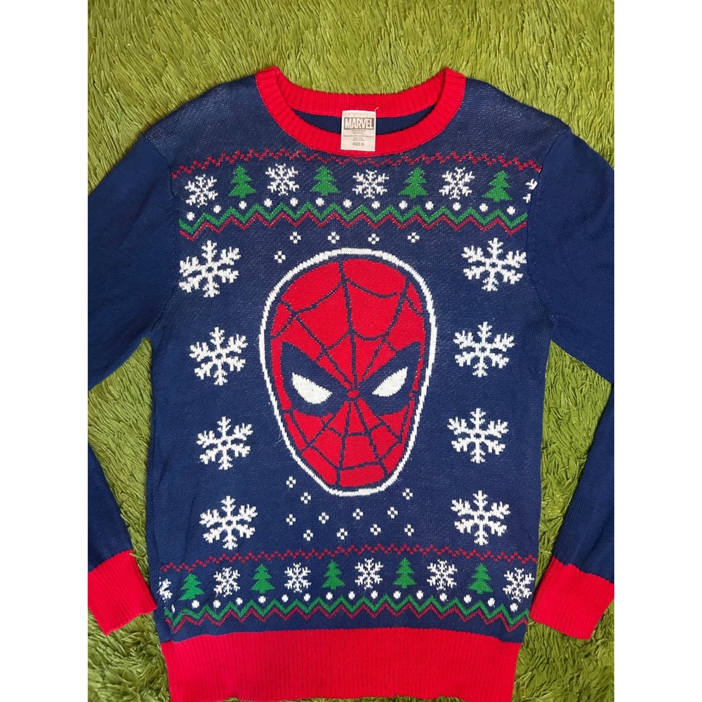 Marvel Sweater Mens S Blue Spider-Man Christmas Holiday Knit Pullover